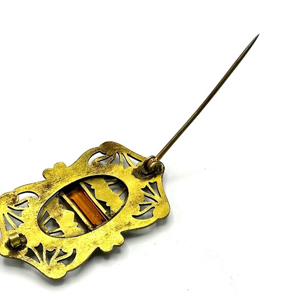 Art Nouveau Brass Brooch with Amber Glass Stones & Whiplash Scrollwork  — EUC - Picture 4 of 8